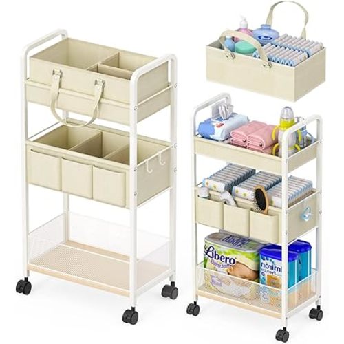 2In1 Baby Diaper Caddy & 3-Tier Rolling Cart, Diaper Caddy Organizer Carts with Dividers, Mobile Metal Utility Cart for Nursery Essentials, Detachable Bedside Cart, Large Capacity, White