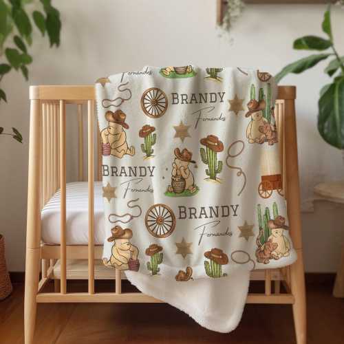 Cowboy Winnie The Pooh Blanket, Custom Baby Name Western Blanket Western Cowboy Baby Blanket, Horse Nursery Country Western Vintage Boy