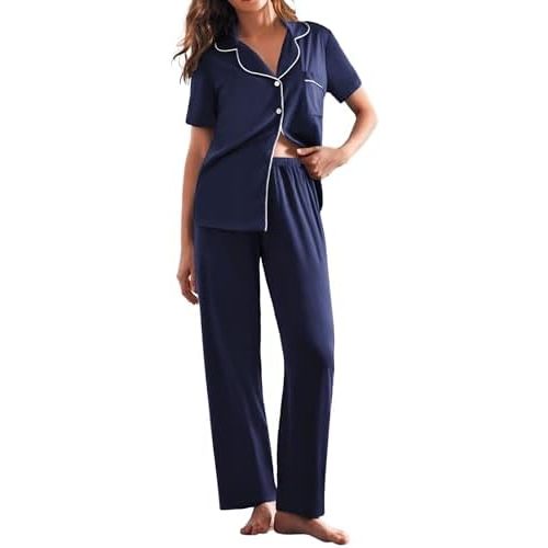 Ekouaer Womens Pajamas Set Plaid PJs Soft Button Down Sleepwear Short Sleeve Nightwear with Long Pants