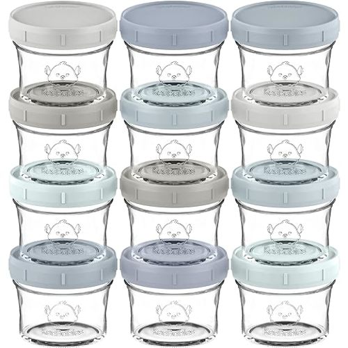 KeaBabies 12pk 4oz Glass Baby Food Containers with Lids - Leak-Proof, Microwavable Small Glass Jars, Baby Purees & Toddler Snack Storage Containers, BPA-Free, Dishwasher & Freezer Safe (Slate)