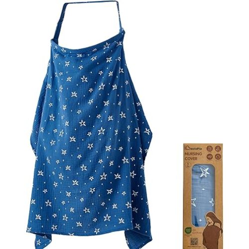 Muslin Nursing Cover for Breastfeeding, 100% Cotton Breastfeeding Apron, Lightweight & Breathable, Full Coverage with Adjustable Strap, 1 Pack (Blue Starry Sky)