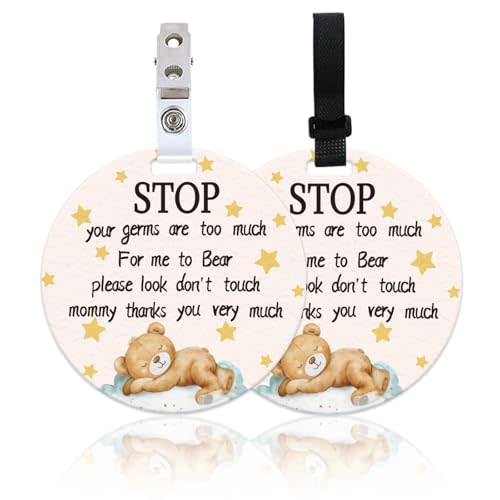 ORIGACH 2 Pack Bear Don't Touch or Kiss Baby Signs, Stop Do Not Touch Baby Car Seat Sign Stroller Tags with Hanging Strap and Clip, No Touching Baby Sign for Newborn Neutral Baby Preemie