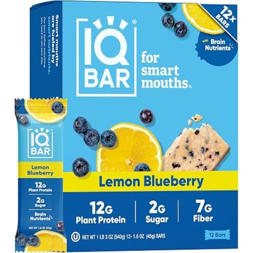 IQBAR Clean High Protein Bars, Low Sugar Snack, Lemon Blueberry 12ct