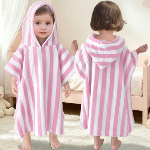 VOOVA & MOVAS Toddler Hooded Poncho Towel 1-3Y,100% Cotton, Pink Stripe | 21"x21" Oversized Size, Soft Absorbent Fabric, Great For Pool, Swimming, Bath, Beach