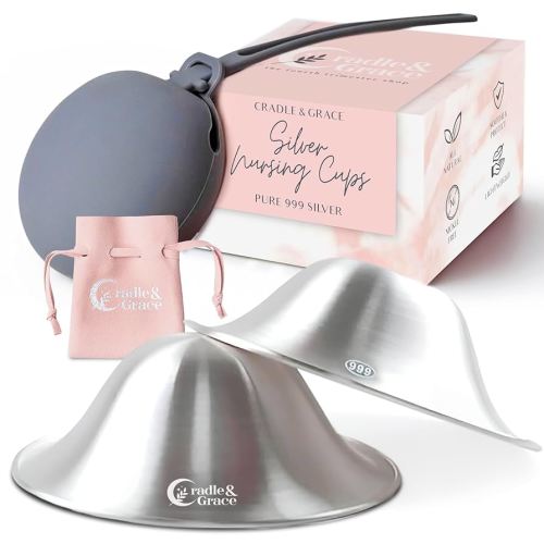 Cradle & Grace Pure 999 Silver Nursing Cups with Gray Carrying Case, Silver Nipple Shields for Breastfeeding Newborn, Silver Nipple Covers Breastfeeding Kit, Regular