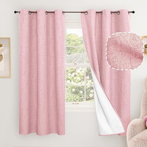 Baby Pink Linen Blackout Curtains for Nursery 63 Inch Length 2 Panels Set, Thermal Insulated Boho Total Black Out Noise Reducing Bonzer Grommets Window Curtains for Girls Bedroom, Each 38 Inch Wide