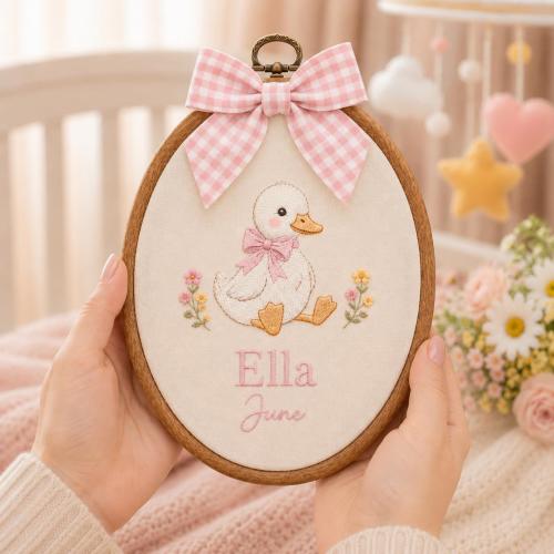 Personalized Baby Duck Embroidery Hoop, Custom Baby Nursery Decor, Embroidered Name Sign, Pink Duck Wall Art, Baby Shower Gift for Newborn