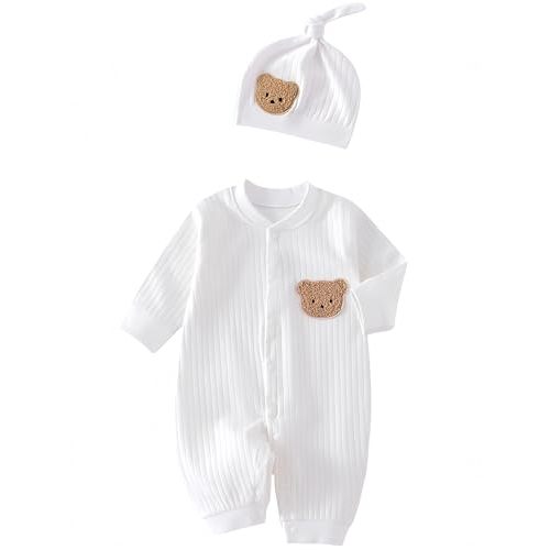 Baby Boys Girls Clothes with Hat, 100% Cotton Long Sleeve Ribbed Knit Button Infant Baby Romper Outfit