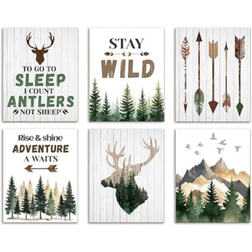 DOODLREAM 6 Pack Forest Deer Animals Unframed Waterproof Canvas Wall Art Decor, 8" x 10" Hunting Arrows Canvas Wall Poster for Living Room Nursery Home Office Decor