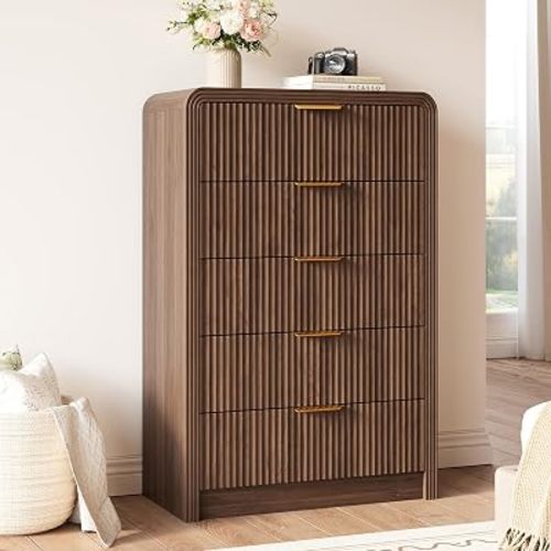Decofy 48" H Fluted 5-Drawer Dresser for Bedroom, Walnut