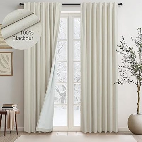 Boho Linen Black Out Curtains 72 Inch Long Back Tab Rod Pocket Living Room Curtains & Drapes 2 Panel Burg Full Blackout Insulated Thermal Curtain for Summer Heat Bedroom Bay Window Playroom Beige