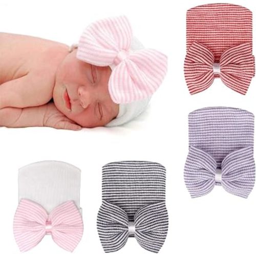 DRESHOW BQUBO 4 Pack Newborn Hospital Hat Infant Baby Hat Cap with Big Bow Soft Cute Knot Nursery Beanie