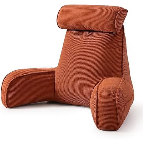 Pillow with Arms for Sitting Up in Bed, Reading Backrest Pillow, Corduroy Back Support Cushion with Side Pockets & Washable Cover, Bed Rest Pillow for Bed Sofa Couch Relax Support, Brick Red