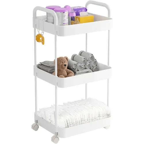 Baby Diaper Caddy Organizer, 3-Tier Movable Diaper Cart with Wheels, Newborn Essentials Must Haves, Diaper Caddy for Wipes & Baby Diapers, Baby Registry Search - Plastic White