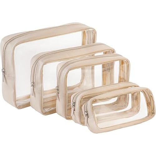 TSA Approved 5-Piece Diaper Bag Organizer Pouch Set Clear Waterproof TPU Kids Toiletry Storage Set Travel Packing Clutch Cube Bags for Baby Nursing(Cream leather)