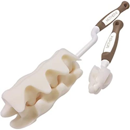 MOTHER-K Rotating Sponge Bottle Brush 2 Kinds of Sets, Sponge Brush for Bottle Cleaning Water Bottle, Vase, and Glassware (Brown)