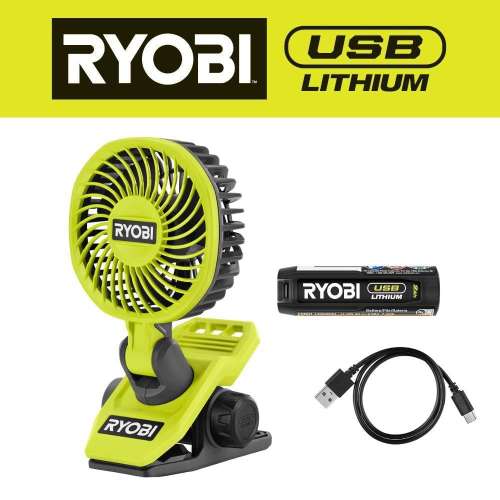 Ryobi USB Lithium Clamp Fan Kit w/ 2.0 Ah USB-C Lithium Battery, Charging Cable