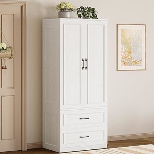 LIKIMIO Armoire Wardrobe Closet with 2 Doors and 2 Drawers 70" H x 28" W Wooden Bedroom Freestanding Wardrobe Combination for Hanging Clothes, White