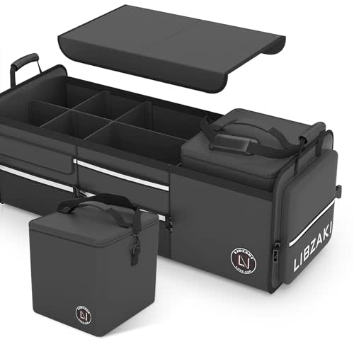 LIBZAKI Oversize 4 in 1 Car Trunk Storage Organizer, Multi Compartment Collapsible Trunk Storage Box with Cooler Bag for Car Truck SUV-Black