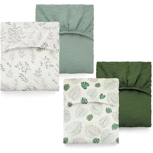 The ColoBrethy 4-Pack Muslin Crib Sheets for Baby Girl Boy, Neutral & 100% Cotton Nursery Decor, Fit for Standard Crib and Toddler Mattress(Sage Green & Dark Green & Monstera & Leaf)
