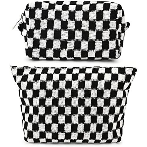 SOIDRAM 2 Pieces Black Makeup Bag Large Checkered Cosmetic Bag Capacity Canvas Mix Travel Toiletry Bag Organizer Cute Makeup Brushes Aesthetic Accessories Storage Bag for Women, Checkered Mix Black