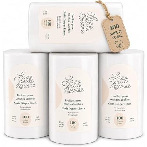 LA PETITE OURSE Doublures en tissu pour couches lavables – Rouleaux canadiens de doublures pour couches jetables – 400 feuilles (4 rouleaux x 100) – Biodégradables, sans parfum, sans odeur, sans
