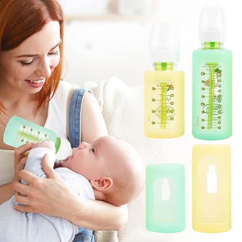 PUREKRA 4PCS Silicone Baby Bottle Sleeves for Dr. Brown Bottles 4oz 8oz, Silicone Bottle Covers Replacement for Dr. Brown Glass Bottles, Narrow Sleeve with a Cutout, Dishwasher/Freezer/Microwave Safe
