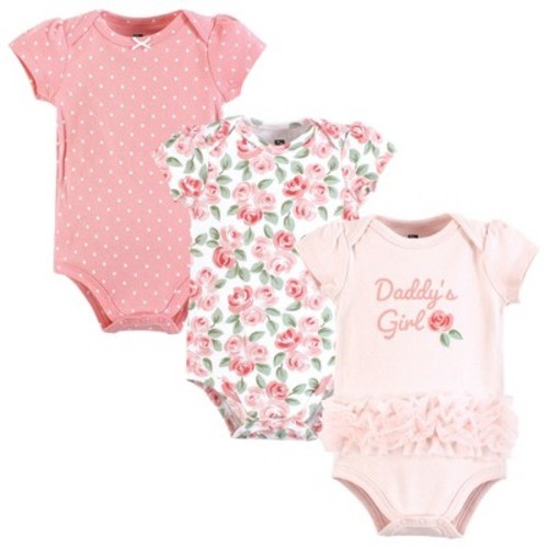 Hudson Baby Infant Girl Cotton Bodysuits, Coral Floral Daddys Girl, 6-9 Months
