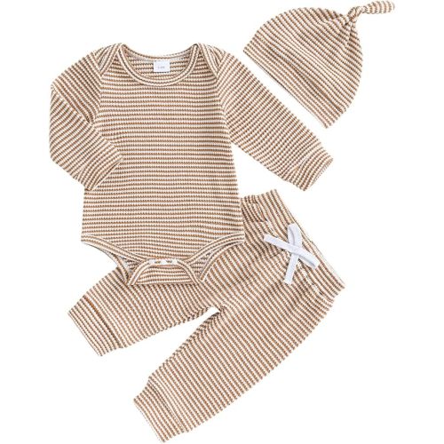fhutpw Baby Boy Clothes 3 6 9 12 Months Striped Long Sleeve Romper Tops + Pants + Hat 3Pcs Infant Fall Winter Bodysuit Outfit
