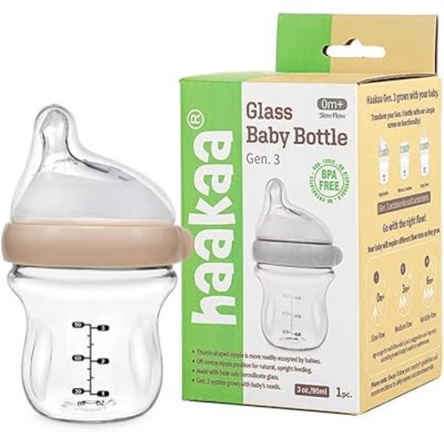 Haakaa Generation 3 Anti-Colic Wide Neck Glass Baby Bottle 4 oz/120 ml with Slow Flow Nipple 0 m +, 1 PK (Peach)