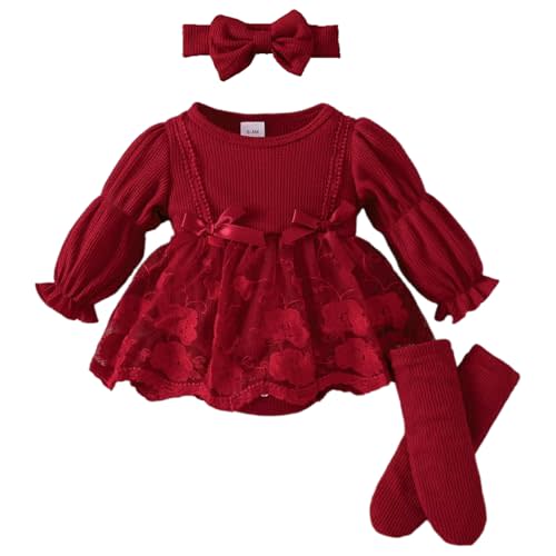 Infant Baby Girl Lace Romper Dress & Headband & Socks Long Sleeve Ruffles Princess Dress 3Pcs Outfit Set