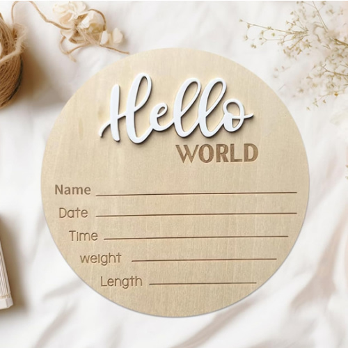 Baby Announcement Sign, 5.9 Inch Wooden Hello World Newborn Signs, Birth Announcement Sign, Baby Shower Hospital Nursery for Newborn Boys and Girls (White)