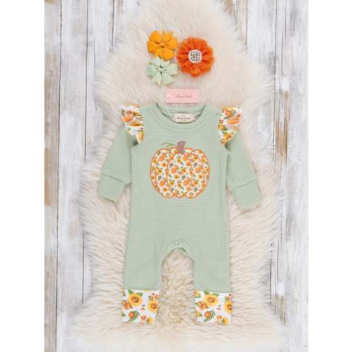 Sage Floral Pumpkin Ruffle Romper