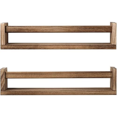 Nursery Book Shelves, Set of 2 Wood Floating Book Shelves for Kids Room, Kitchen Spice Rack, or Rustic Wall Mounted Shelves for Farmhouse Bathroom Décor (carbonized)