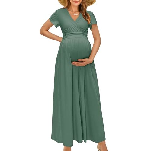 OUGES Maternity Maxi Dress Wrap Baby Shower Pregnancy Dresses for Photoshoot Maternity Outfits Summer Clothes 2026