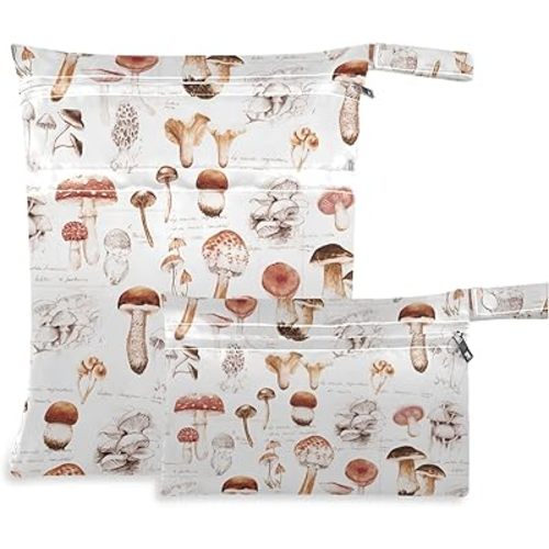visesunny Hand Drawn Mushroom 2Pcs Wet Bag with Zippered Pockets Washable Reusable Roomy for Travel,Beach,Pool,Daycare,Stroller,Diapers,Dirty Gym Clothes, Wet Swimsuits, Toiletries