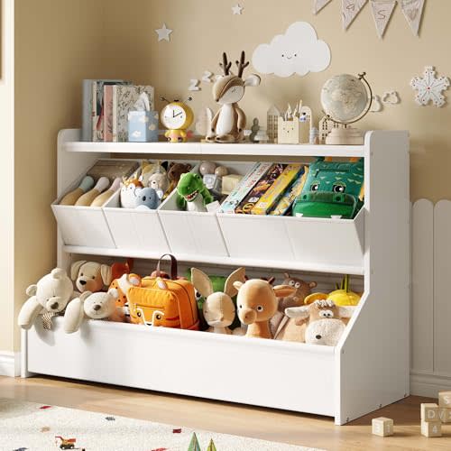 FOUCSSOMEI Extra Large Toy Storage Organizer for Kids, Wooden Toy Organizer and Storage with Bookshelf, 3 Removable Bins and Large Storage Bin, Toy Shelf for Playroom, White, Patent Design