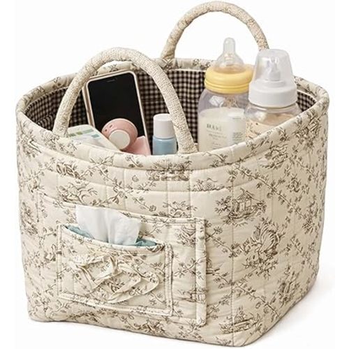 Boho-Chic Quilted Floral Storage Basket,Quilted Car Storage Basket With Handles, 12.6'' x 10.23'' x 9.84'' Large Capacity Floral Foldable Fabric Storage Basket for Car,Clothes,Toys,Picnic (D)