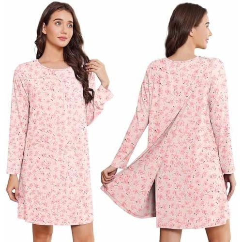 Deyeek Hospital Gowns for Women Open Back Tear Away Post Surgery Dress Long Sleeve with Shoulder Snaps Adaptive Nightgowns