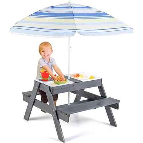 Costzon Kids Picnic Table with Sensory Bins, 4 in 1 Sand and Water Table with Height Adjustable Umbrella, Removable Tabletop, Wooden Kids Outdoor Table for Backyard Patio Play