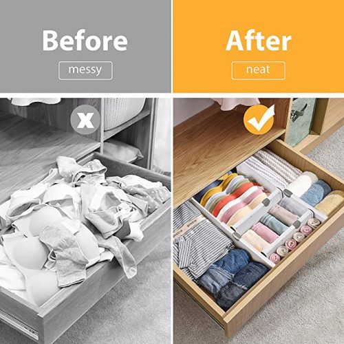 JONYJ Drawer Dividers Organizer 6 Pack, Adjustable Separators 4" High Expandable from 11-17" for Bedroom, Bathroom, Closet, Clothing, Office, Strong Secure Hold, Foam Ends, Locks in Place - White - 4" Tall, 11"-17" Long, 6 Pack