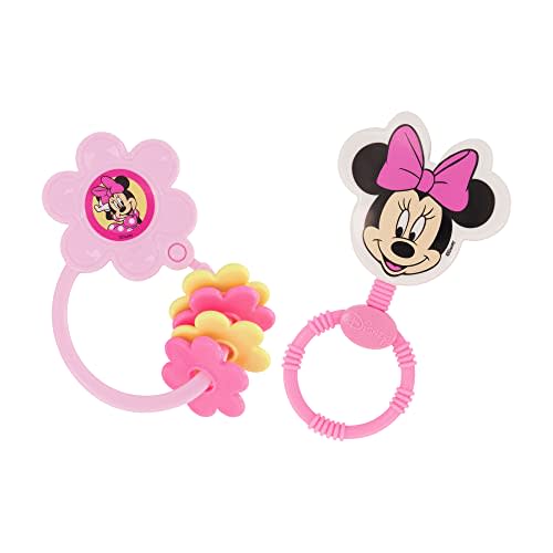 2 Pack Disney Minnie Mouse Character Shape Rattle and Keyring Teether, Premium Toddler Birthday Toys, Infant Teething Toys, Great for Newborn Shower Gifts