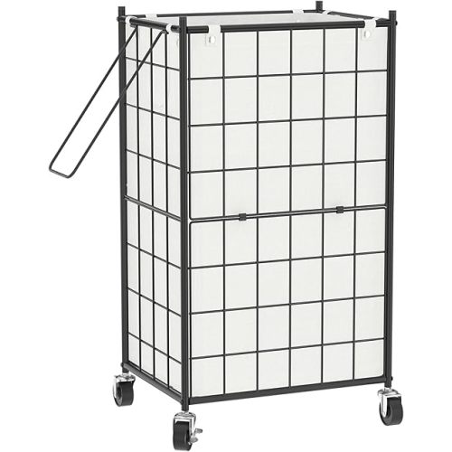 WOWLIVE Laundry Hamper with Wheels,Metal Wire Frame Rolling Laundry Basket with Removable bag,100L Dirty Clothes Hamper Organizer Dorm Room Storage for Bedroom,Bathroom,Black and White