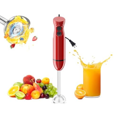 Bonsenkitchen Hand Blender, Immersion Blender with 2 Mixing Speed, Portable Electric Handheld Stick Mixer with Stainless Steel Blades for Soup, Smoothie, Puree, Baby Food, Red