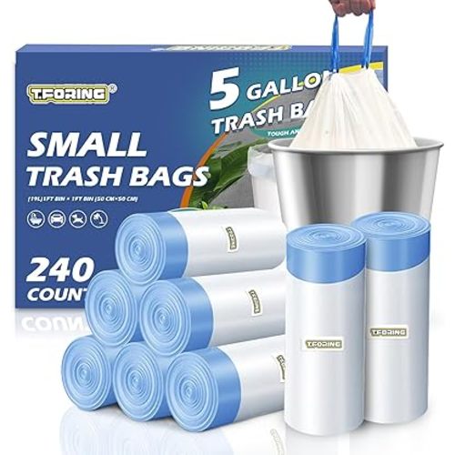 240 Count 5 Gallon Trash Bags Drawstring 1.1 Mil - 18 Liter Small Garbage Bags for Bathroom, Strong Unscented White Plastic Wastebasket Bin Liners for Kitchen Office Toilet and Bedroom