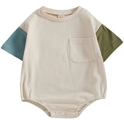 Twopumpkin Baby Bubble Romper Newborn Boy Girl Oversized Color Block Short Sleeve Onesie Summer Clothes Cute Outfits (Pocket Blue Green,6-12 Months)