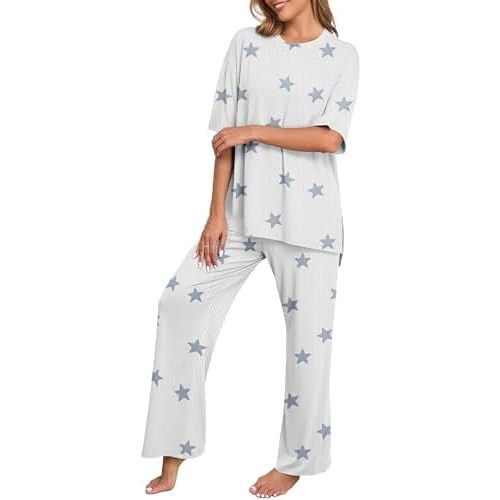 PrinStory Womens Pajamas Sets 2 Piece Lounge Set Short Sleeve Tops and Long Pants Soft Pjs Loungewear with Pockets