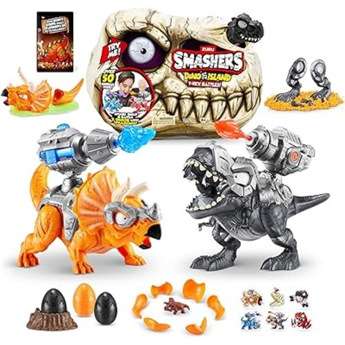 Smashers Dino Island T-Rex Battles (Black Version) by ZURU 50+ Surprises Boys Collectible Dinosaur T-Rex Triceratops Surprise Slime Sand Compounds Discovery