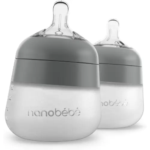 Nanobebe Flexy Silicone Baby Bottle, Anti-Colic, Natural Feel, Non-Collapsing Nipple, Non-Tip Stable Base, Easy to Clean 2-Pack, Gray, 5 oz