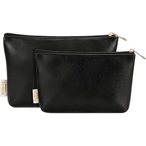 Wandering Nature Makeup Bag Small Cosmetic Bag for Purse 2 Pack Small Make Up Pouch Vegan Leather Cute Travel Pouch with Zipper for Women, Black